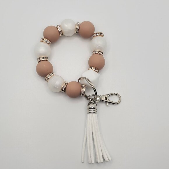 Handmade Silicone Bead Bracelet Keychain – Frost White, Neutrals & Gold – 7” Wri - Picture 1 of 2